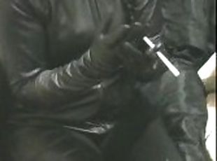 smoking wife in leather gloves and catsuit fucking handjob cumshot