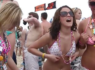 Bikini girls at the beach flash their tits while drinking