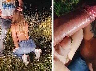 An obedient slut on her knees public sucks my cock and eats cum in the forest