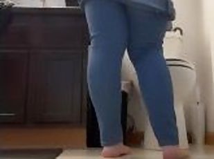 BBW stepmom MILF pissing then pulls up tight jeans and thong barefoot your POV