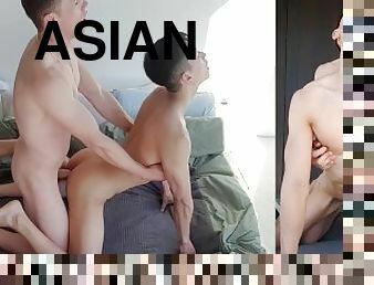 asiatisk, doggy-style, cumshot, blandade-raser, gay, par, sprut, vit, twink