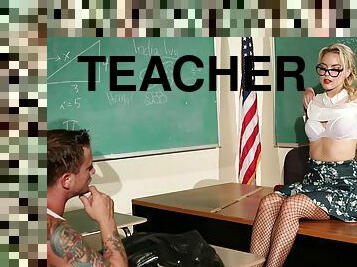 Slutty teacher in sexy fishnet stockings bent over and fucked