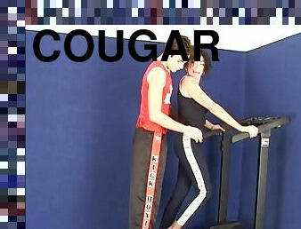 Hot cougar with a hairy pussy enjoying a hardcore fuck in the gym