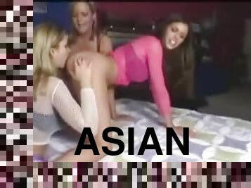 Asian teens in fishnets licking ass and pussy