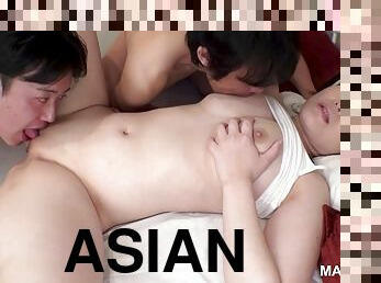 Asian with big boobs tries hard sex at home with two men