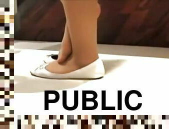 Foot fetish public video with an amateur blond milf