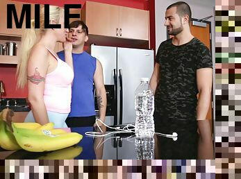 Hot MILF Alana Evans has a threesome with two guys in her kitchen