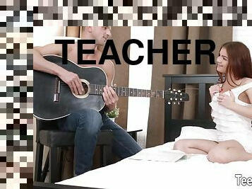 Horny teen teases her music teacher and makes him kiss her
