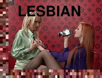 Terrific lesbian pornstars in nylon pantyhose with long hair fondling each other's natural tits