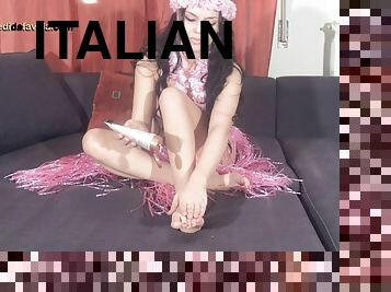 Flashy Italian solo model massages her cute feet in close up shoot