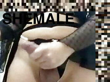 Shemale with big cock masturbates in front of mirror