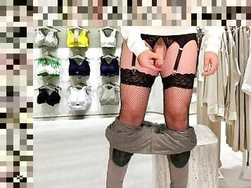Shemale crossdresser flashes and masturbates in public store wearing sexy lingerie
