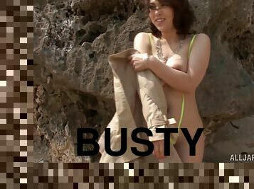 Busty Reiko Nakamori gets pounded on an empty beach