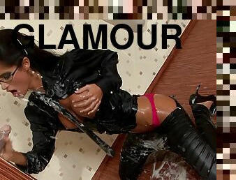 Leather clad babe in a gloryhole gets coated with cream