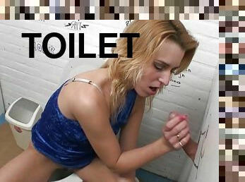 Blonde smoke in the toilet and gets her tits jizzed at the gloryhole