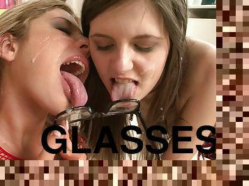 Two hot college girls have a threesome with a guy and cum on their glasses