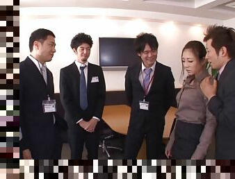 Seductive Japanese babe gets gang banged in the office
