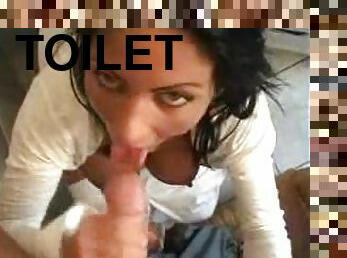 Girlfriend on the toilet sucks his dick in POV
