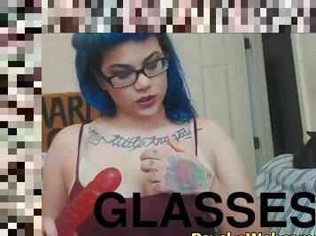 Blue hair girl fucks herself with a long and big dildo