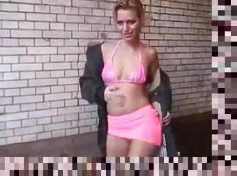 Cute blonde in miniskirt gives a blowjob and gets her cunt smashed