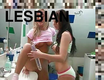 Lesbian teen in a thong screaming as her pussy is screwed using a toy