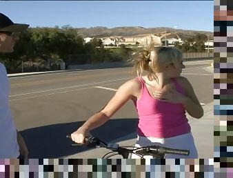 Bike riding blonde flashes some cameltoe then gets fucked