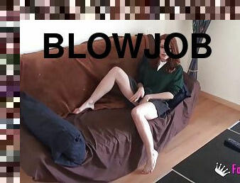 Lara Moon with long hair giving dick blowjob indoors