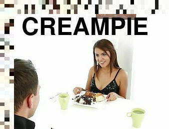 Teen fucked after breakfast and filled with a hot creampie