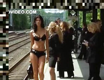 Gorgeous Brunette Waiting For The Train In Her Sexy Lingerie