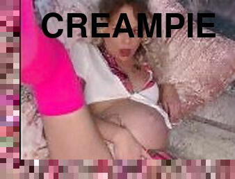 gravid, anal, milf, mamma, creampie, cum, kåt, blond, små-pupper