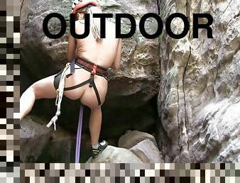 Three hot, sporty teens do some naked rock climbing