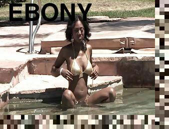 Tattooed ebony with big tits in bikini rewarding massive dick with blowjob