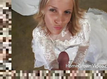 She soils her pretty wedding dress by sucking a hard dick