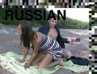 Adorable Russian brunette teen being pounded hardcore missionary at the beach