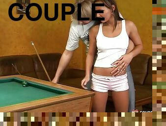 Teen slut enjoys a vigorous pussy pounding in a pool hall