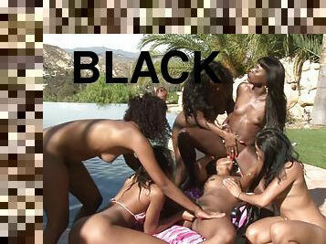 Big black lesbian orgy poolside with toys and tongues