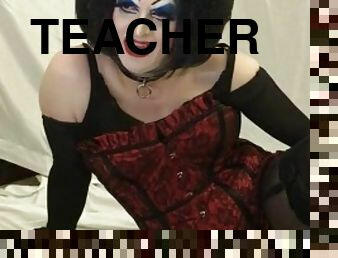Whore with a lot of makeup watching her teacher cum
