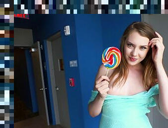 Cutest teen licks the lollipop and impales her cunny on the cock