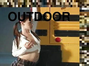 Scenic brunette with pigtails getting throbbed with a school bus driver outdoor