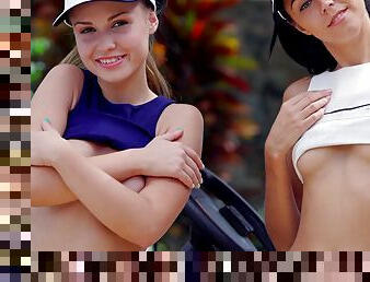 Sporty golfing cuties strip together and flash those hot asses