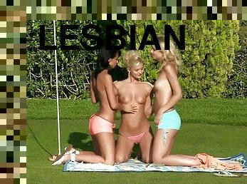 Three nasty girls have lesbian sex right on the golf court