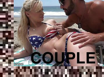 Flawless bikini babe on the beach fucks the big cock stud