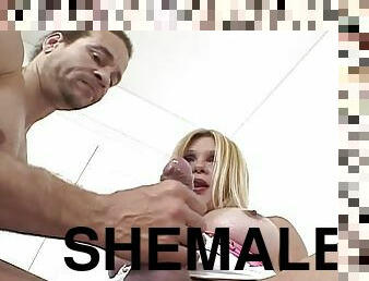 Chris Dano lets blonde shemale Mikaela fuck his asshole