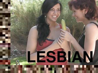 Pretty lesbian teen sliding a banana into her girlfriend's wet pussy