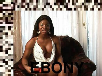 Ebony porn star Jasmine gives an interview in the living room