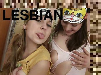 Attractive teen lesbian with natural tits getting her pussy fingered in reality shoot