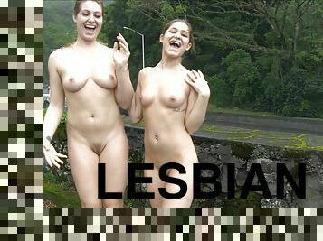 Naked ladies on a hike makes their cunts happy with toys