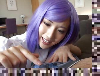 Purple-haired Asian chick goes crazy over the guy's bulbous mushroom
