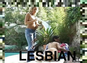 Poolside foreplay with two lesbians excites them for bedroom sex