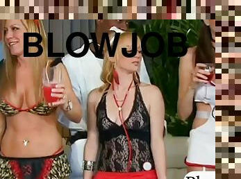 Swingers in nurse uniform give blowjob in Playboy mansion